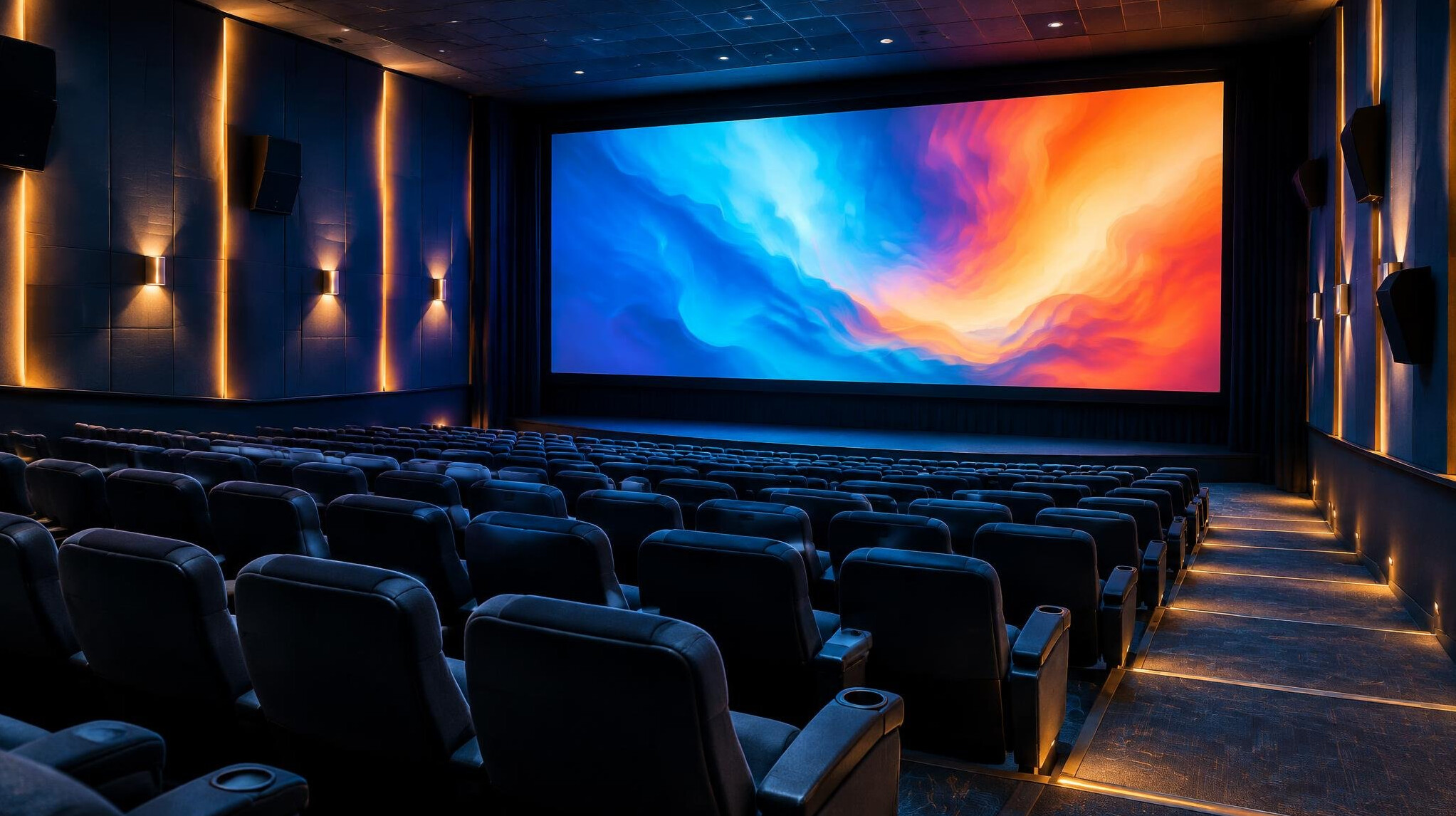 Cinema auditorium with illuminated screen and empty seats