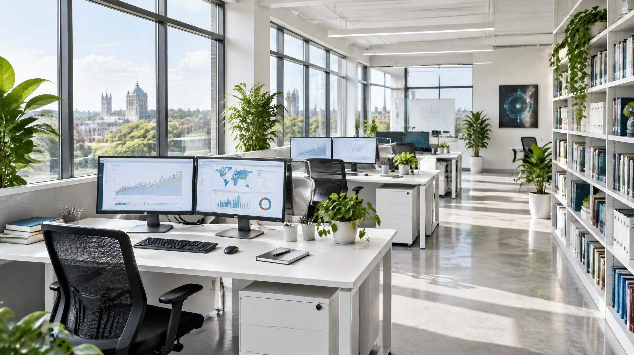 Bright open-plan research institute office with large windows and desks with monitors