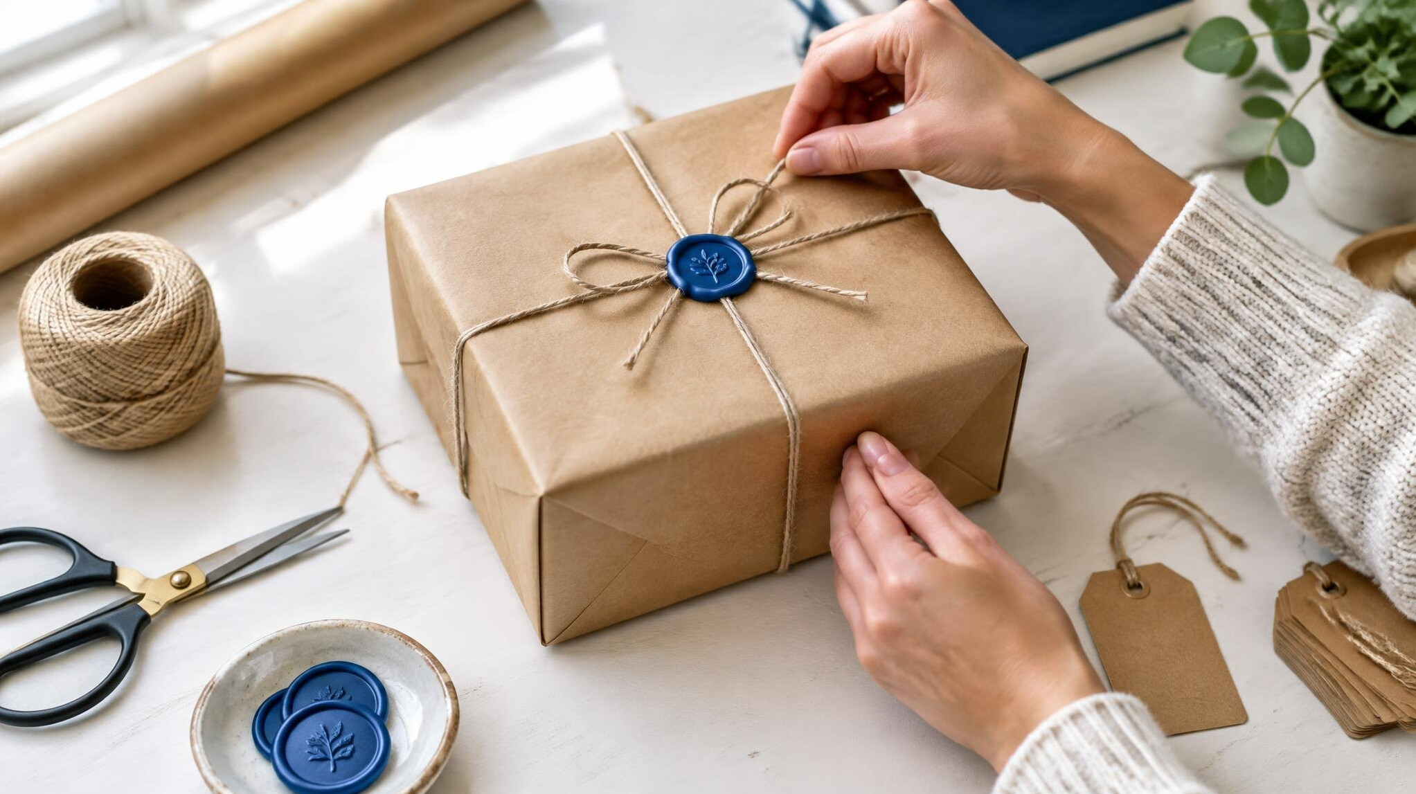 Mystery case box being wrapped with twine and a wax seal on a work table