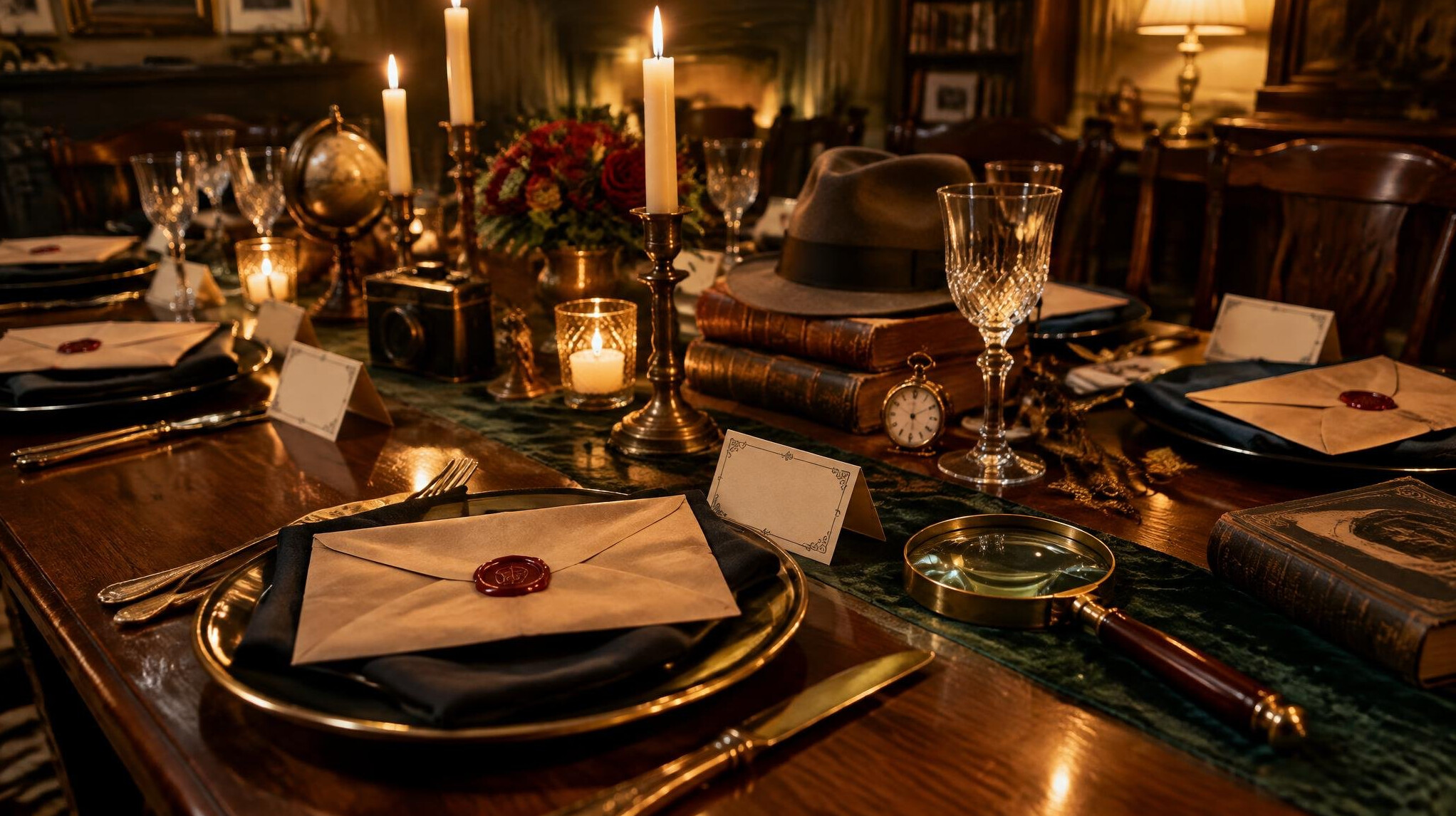 Mystery party table set with clue cards and vintage props