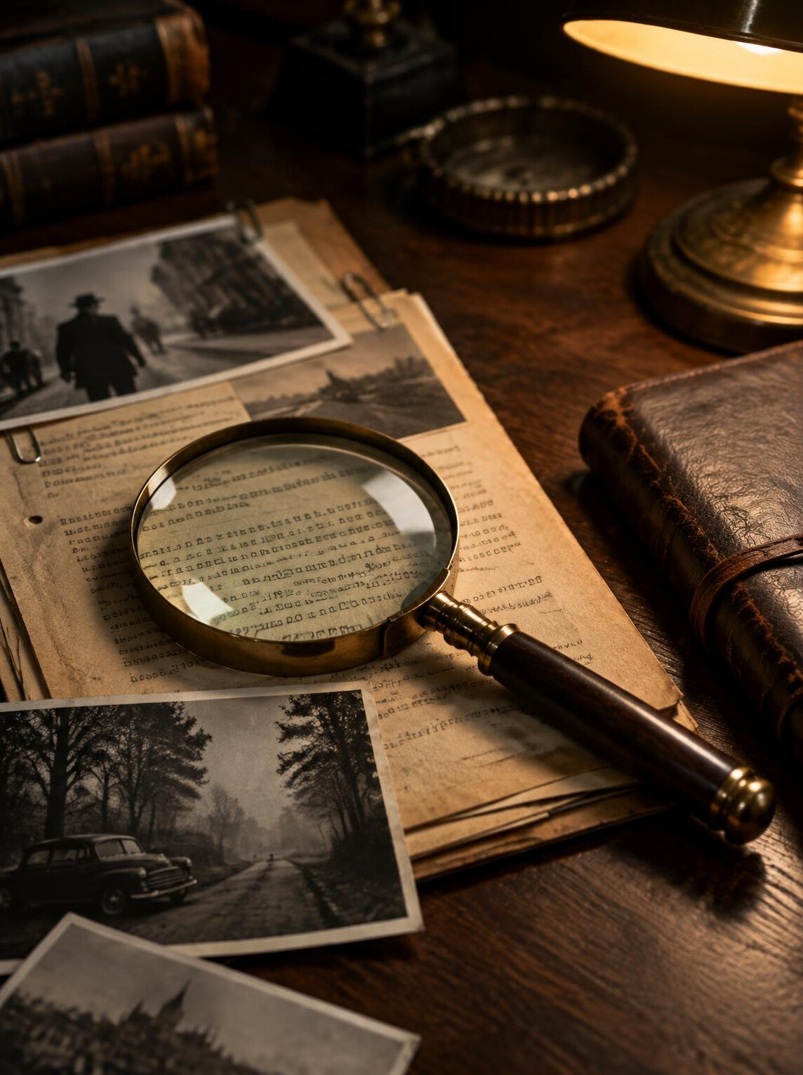 Vintage magnifying glass resting on old case files and a notebook on a dark wooden desk