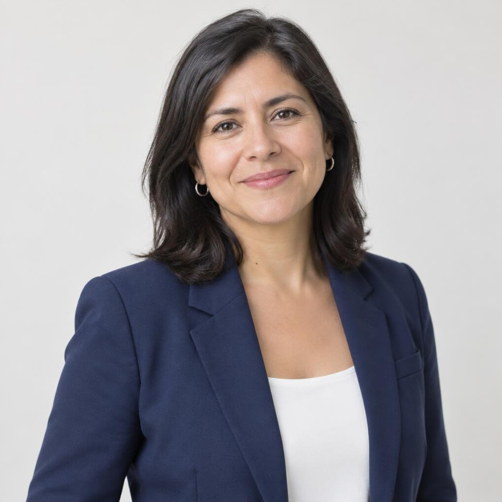 Portrait of a Chilean woman in her forties with dark hair smiling