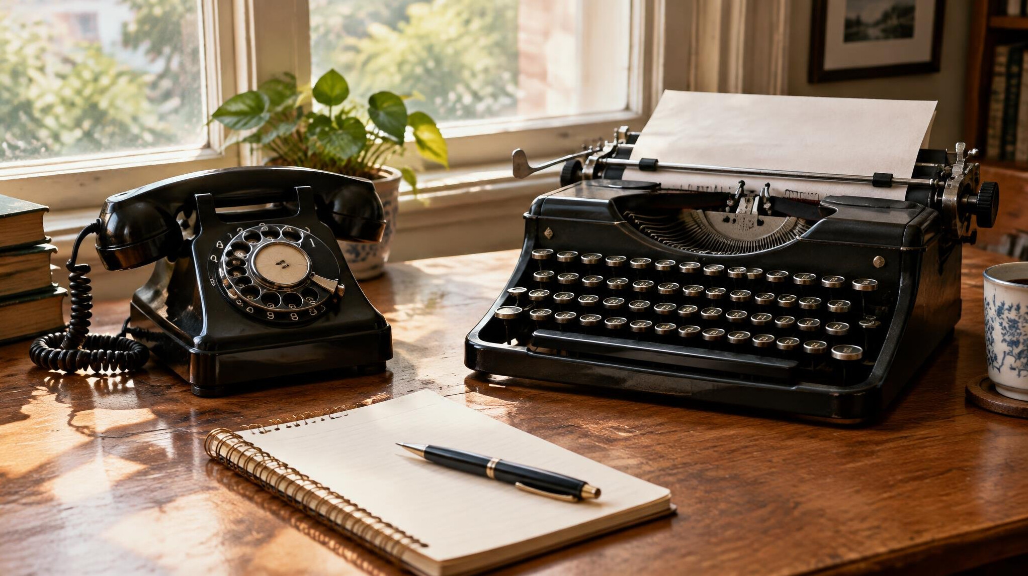 Vintage rotary telephone and typewriter on a desk beside a window