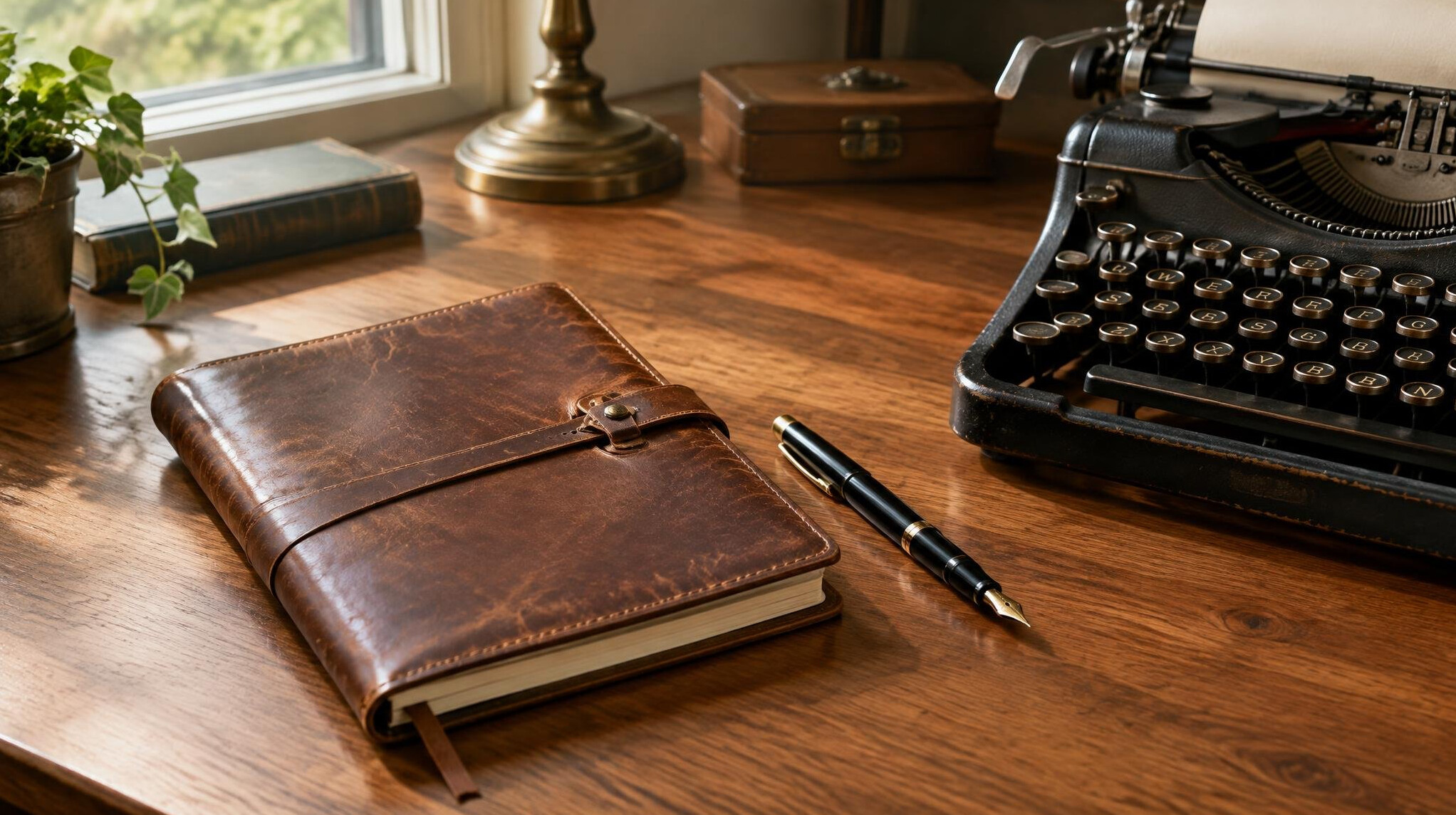 Leather notebook with a pen beside a vintage typewriter on a desk