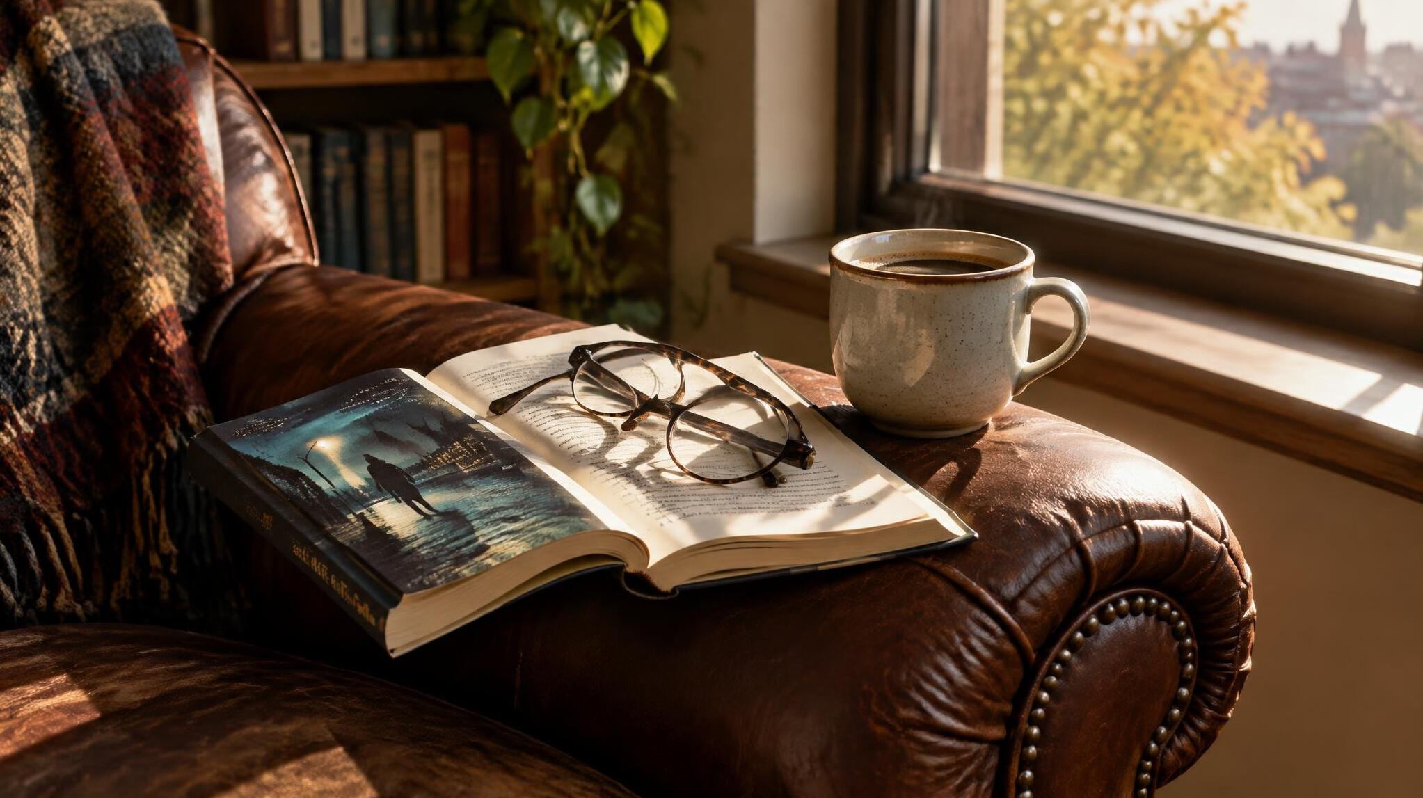 Open crime novel with reading glasses and a cup of coffee on an armchair