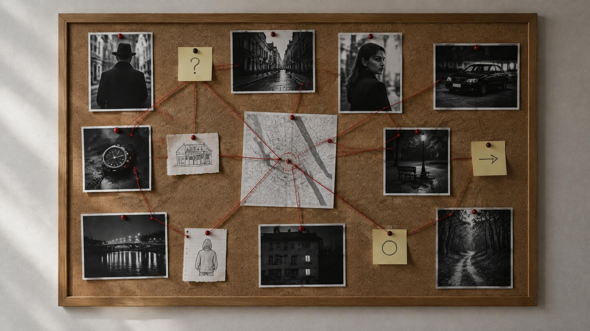 Corkboard with photographs, notes and red string connecting clues