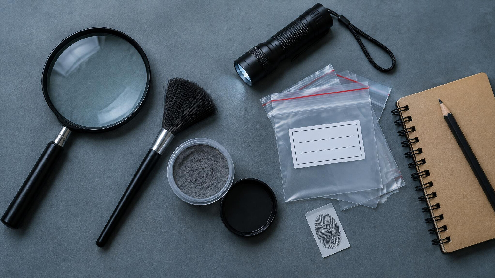 Detective kit with magnifying glass, fingerprint brush and notebook