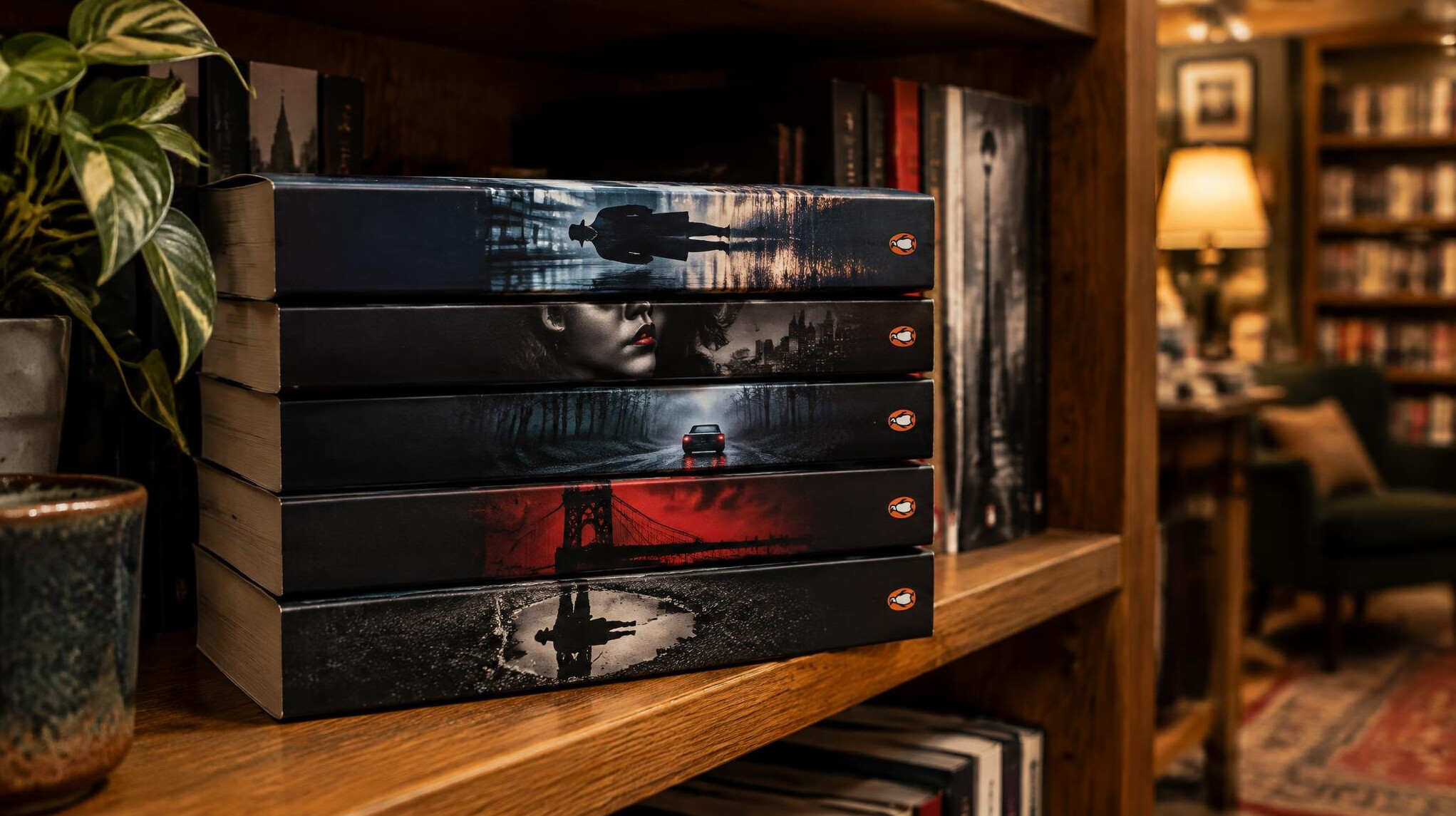 Stack of crime novels with dark covers on a wooden bookshelf