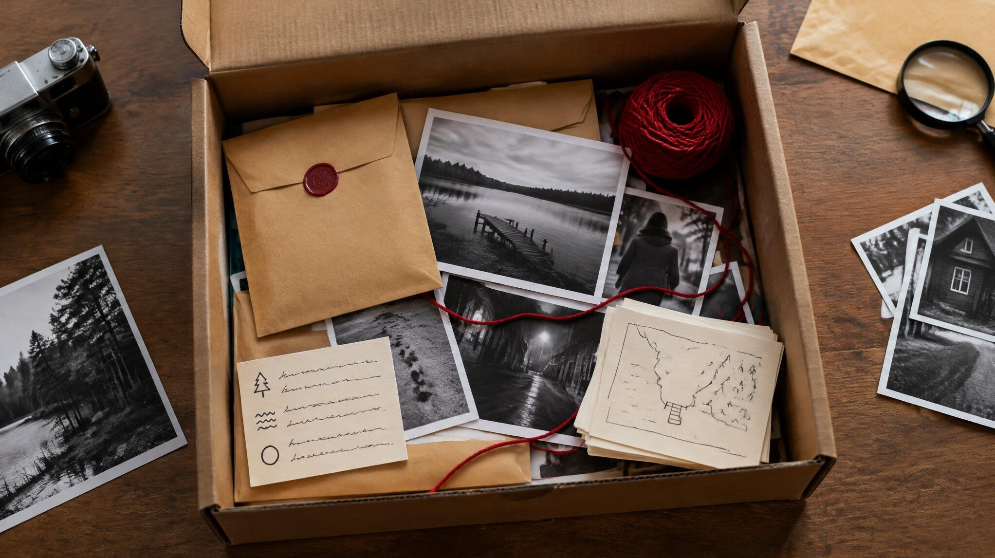 Mystery case file box with photographs, red string and evidence envelopes on a table