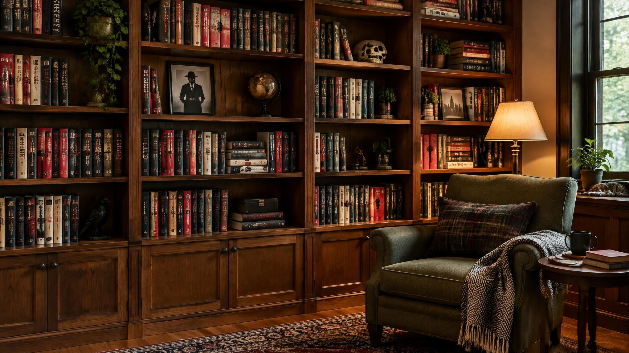 Home library shelves curated with mystery books and a small reading nook