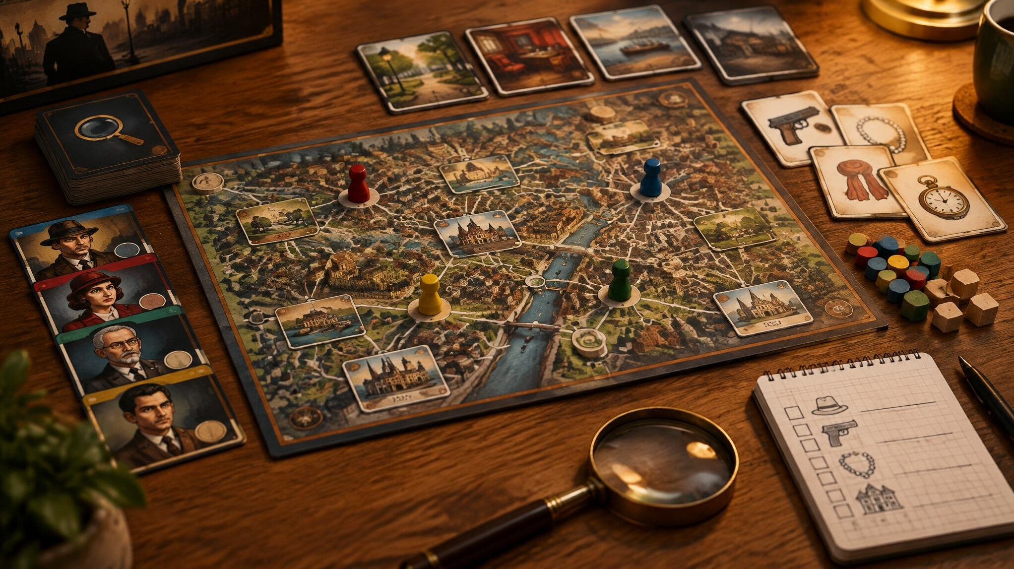 Deduction board game with cards, tokens and a magnifying glass on a table