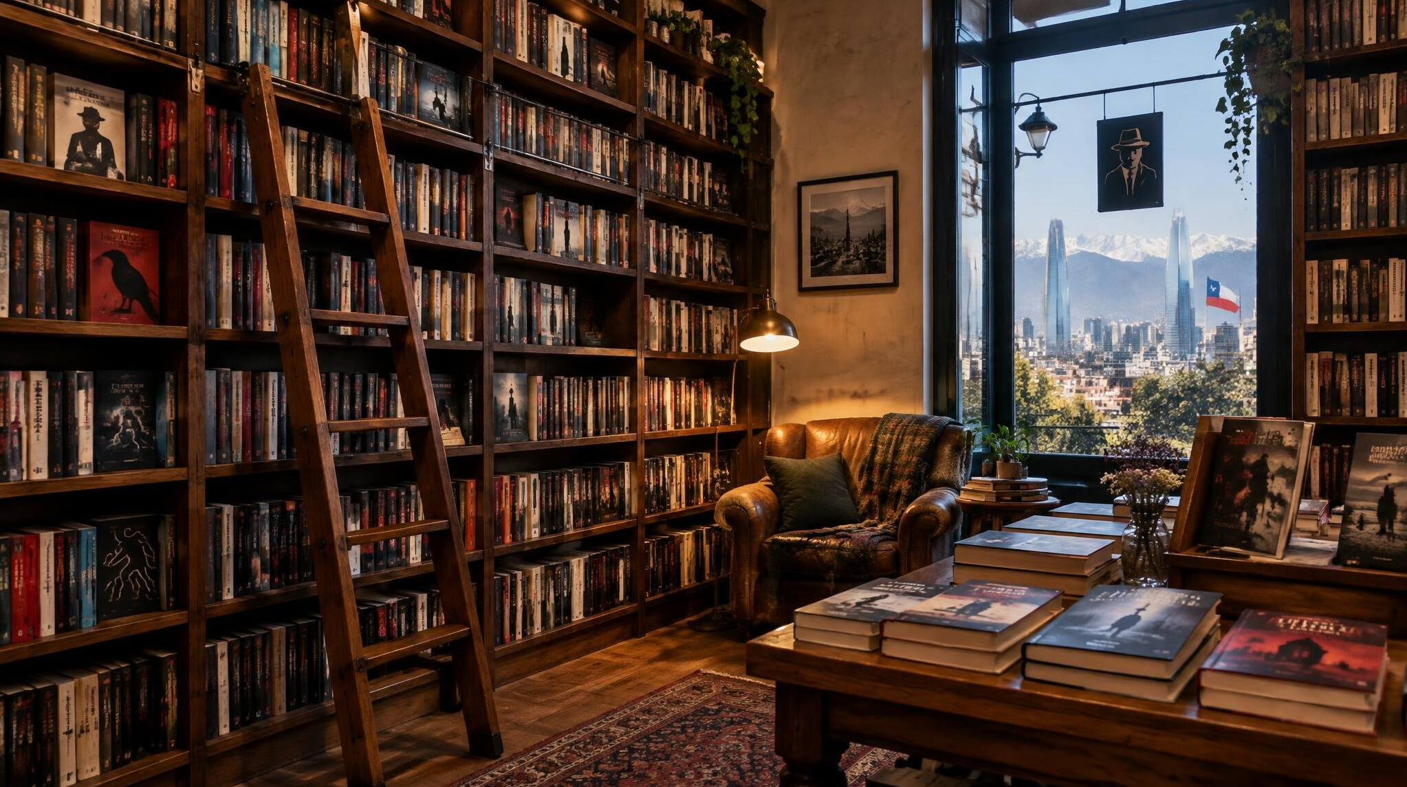 Cozy bookstore interior with shelves of mystery novels and a warm lamp