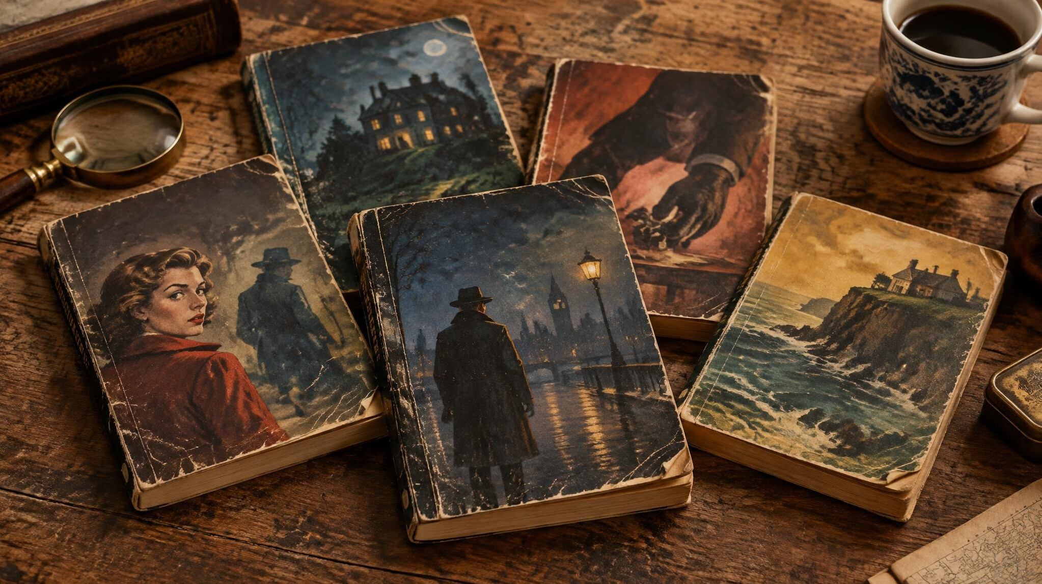 Collection of classic vintage mystery paperback books with worn covers