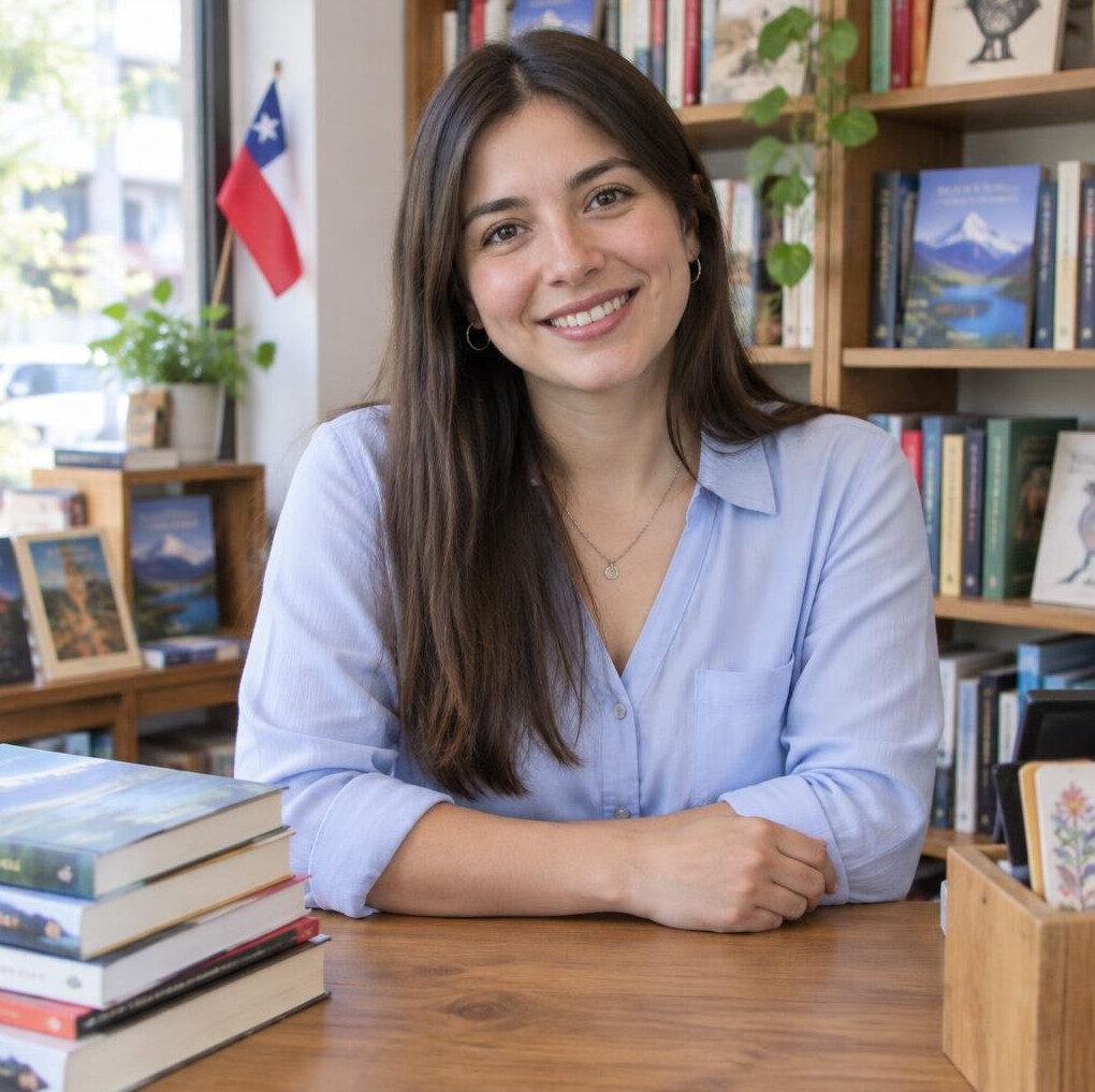 Portrait of a Chilean woman with straight brown hair smiling at a counter