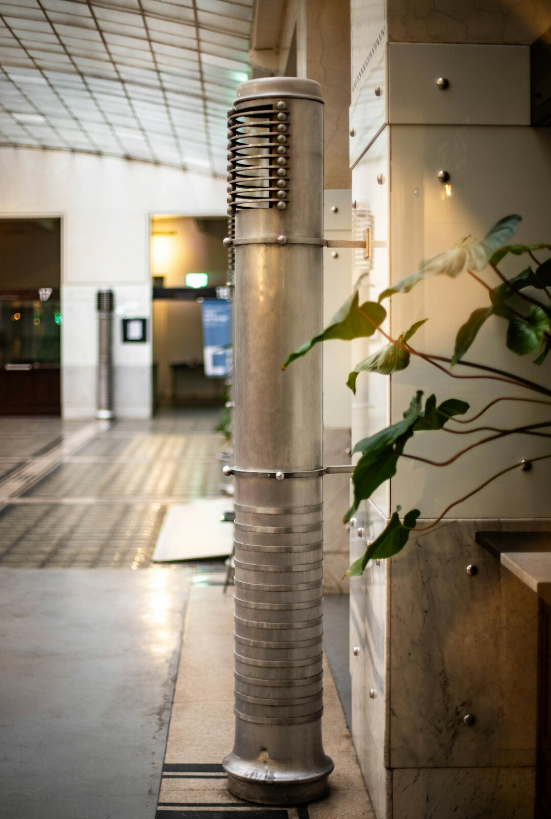 Bright reception lobby of a modern institute building with plants